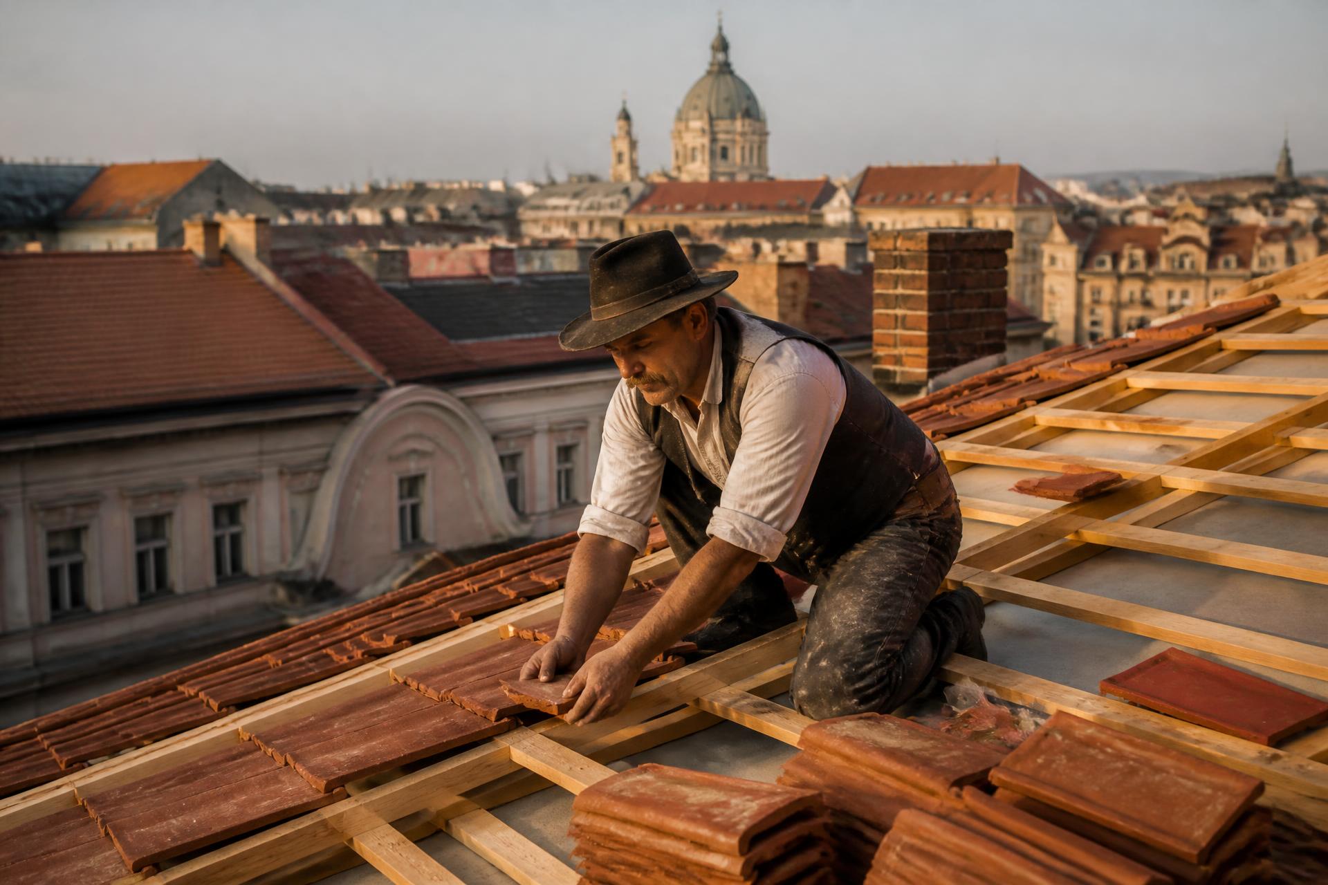 Ács és tetőfedő mester munka közben egy budapesti tetőn
